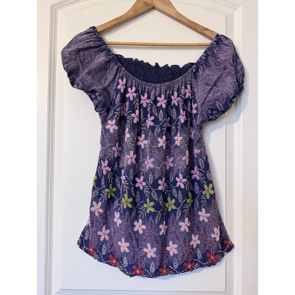 Women's Purple Handmade Beaded Floral Cotton Acid Wash Boho Fairy Top M/L